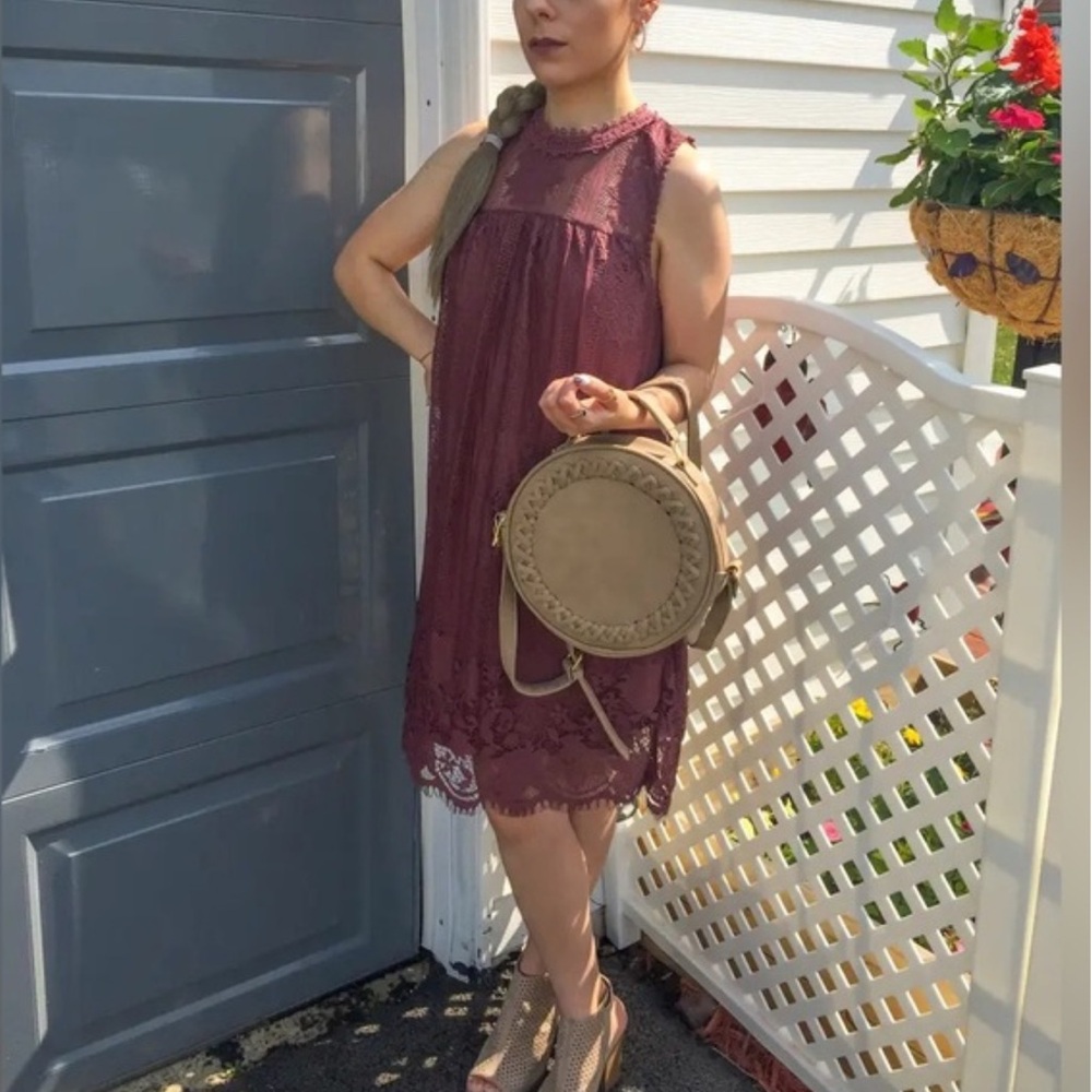 Lace Practical Magic Burgundy Maroon Sleeveless Brunch Modest Baby Doll Dress - Picture 13 of 13